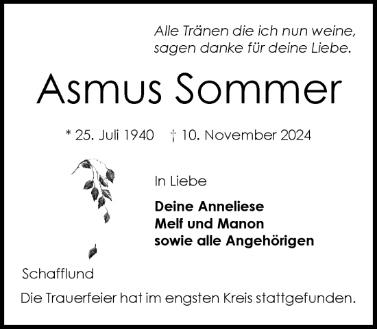 Traueranzeige von Asmus Sommer von Flensburger Tageblatt