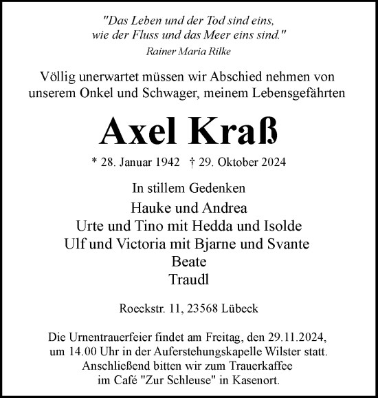 Traueranzeige von Axel Kraß von Norddeutsche Rundschau, Wilstersche Zeitung, Glückstädter Fortuna