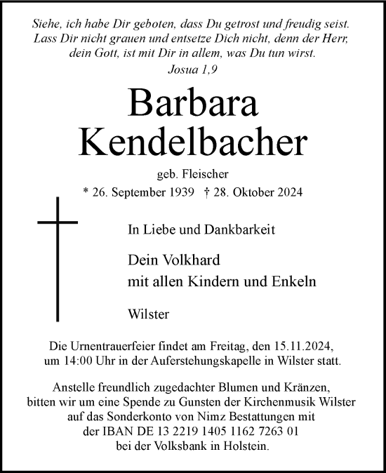 Traueranzeige von Barbara Kendelbacher von Norddeutsche Rundschau, Wilstersche Zeitung, Glückstädter Fortuna