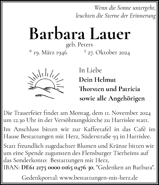 Traueranzeige von Barbara Lauer von Flensburger Tageblatt