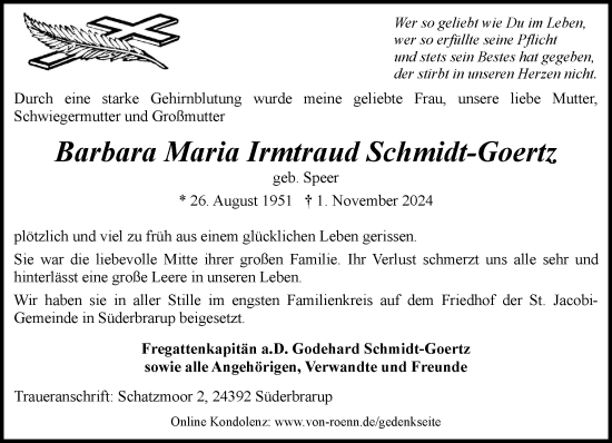 Traueranzeige von Barbara Maria Irmtraud Schmidt-Goertz von Schleswiger Nachrichten, Schlei-Bote