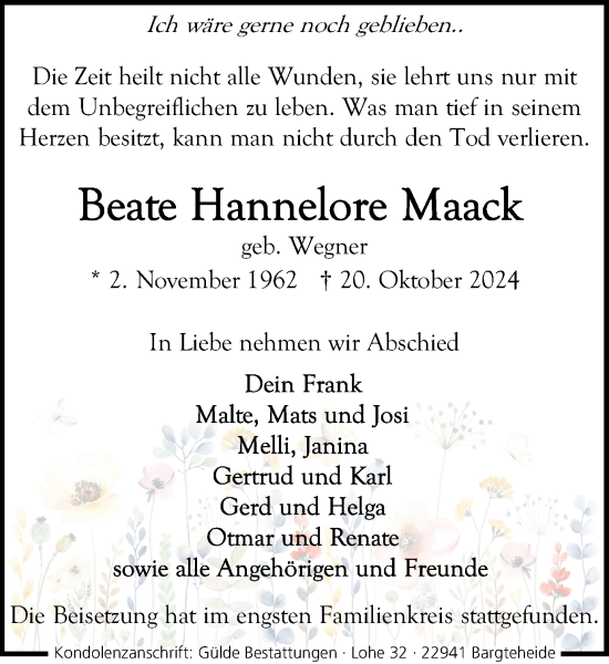 Traueranzeige von Beate Hannelore Maack von Stormaner Tageblatt