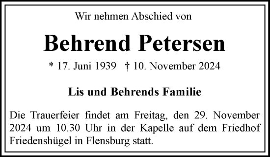 Traueranzeige von Behrend Petersen von Flensburger Tageblatt