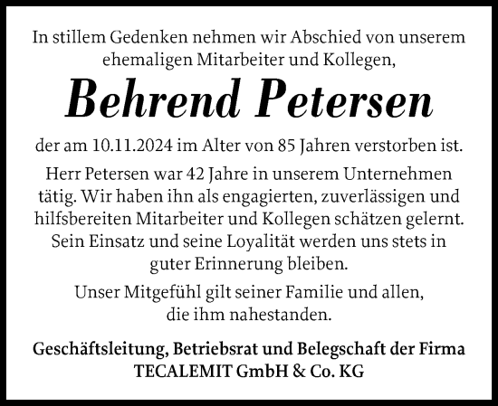 Traueranzeige von Behrend Petersen von Flensburger Tageblatt