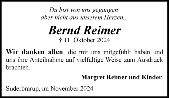 Traueranzeige von Bernd Reimer von Schleswiger Nachrichten, Schlei-Bote