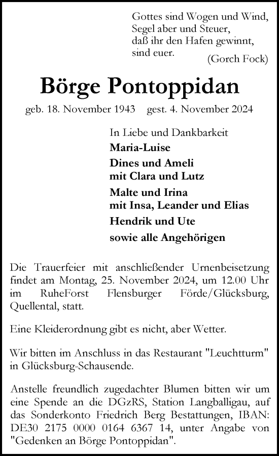 Traueranzeige von Börge Pontoppidan von Flensburger Tageblatt