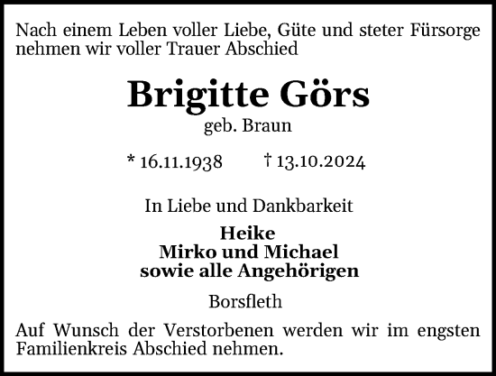 Traueranzeige von Brigitte Görs von Norddeutsche Rundschau, Wilstersche Zeitung, Glückstädter Fortuna