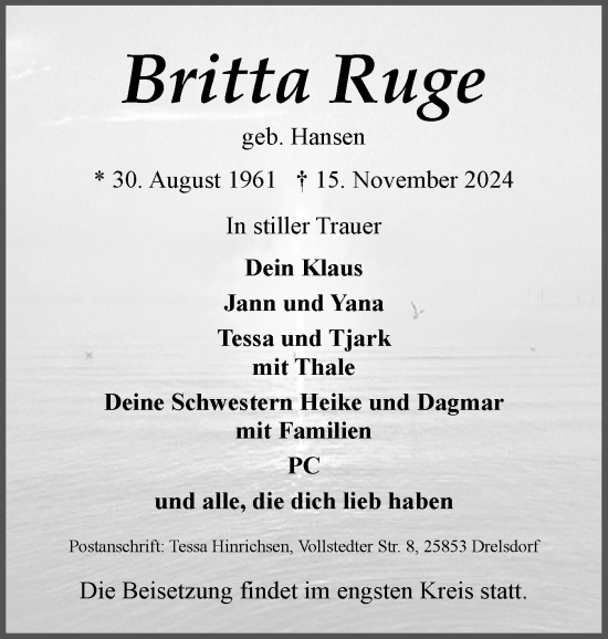 Traueranzeige von Britta Ruge von Husumer Nachrichten, Nordfriesland Tageblatt