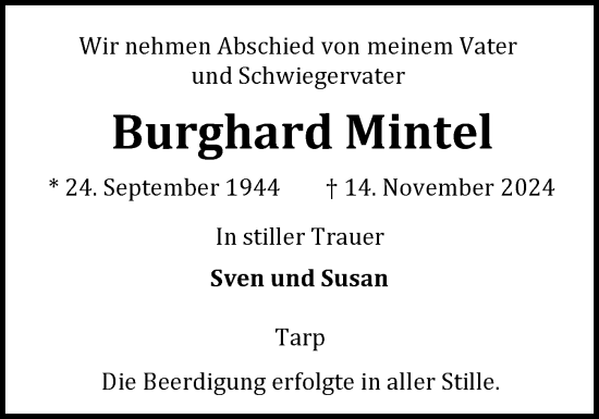 Traueranzeige von Burghard Mintel von Flensburger Tageblatt