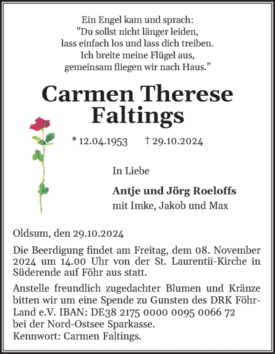 Traueranzeige von Carmen Therese Faltings von Der Insel-Bote