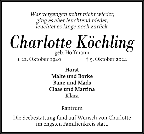 Traueranzeige von Charlotte Köchling von Husumer Nachrichten, Nordfriesland Tageblatt