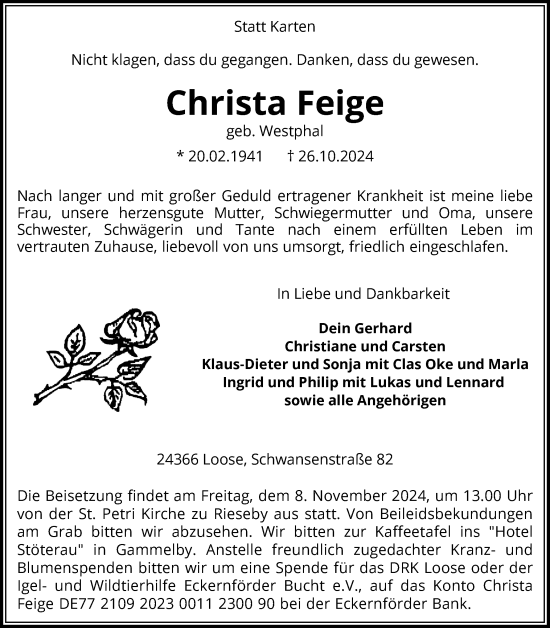 Traueranzeige von Christa Feige von Schleswiger Nachrichten, Schlei-Bote, Eckernförder Zeitung