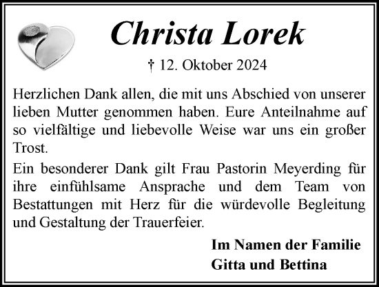 Traueranzeige von Christa Lorek von Flensburger Tageblatt