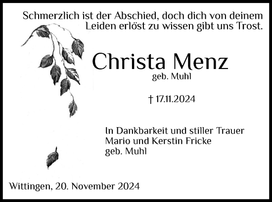 Traueranzeige von Christa Menz von Flensburger Tageblatt