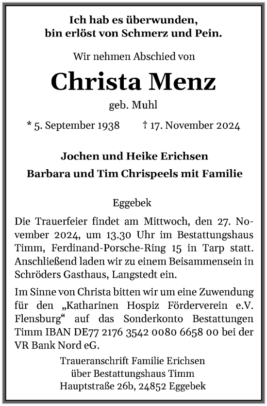 Traueranzeige von Christa Menz von Flensburger Tageblatt