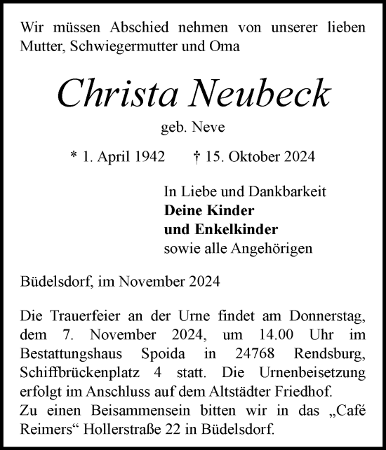 Traueranzeige von Christa Neubeck von Schleswig-Holsteinische Landeszeitung