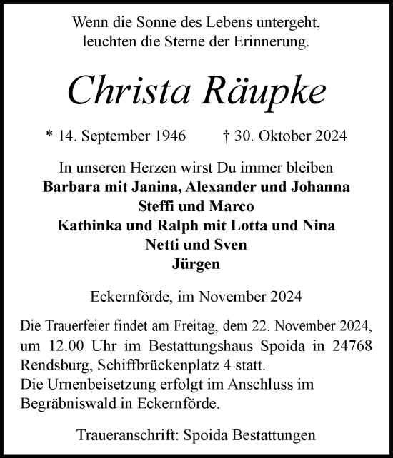 Traueranzeige von Christa Räupke von Eckernförder Zeitung, Hallo Eckernförde