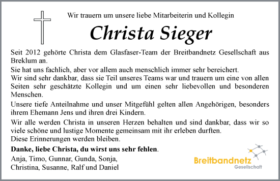 Traueranzeige von Christa Sieger von Husumer Nachrichten, Nordfriesland Tageblatt