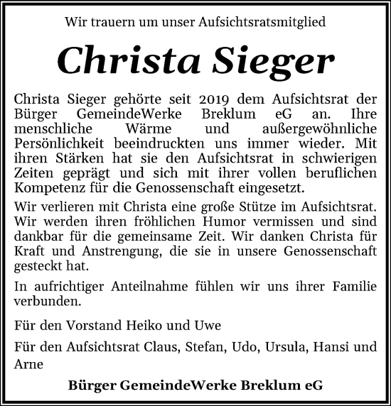 Traueranzeige von Christa Sieger von Husumer Nachrichten, Nordfriesland Tageblatt