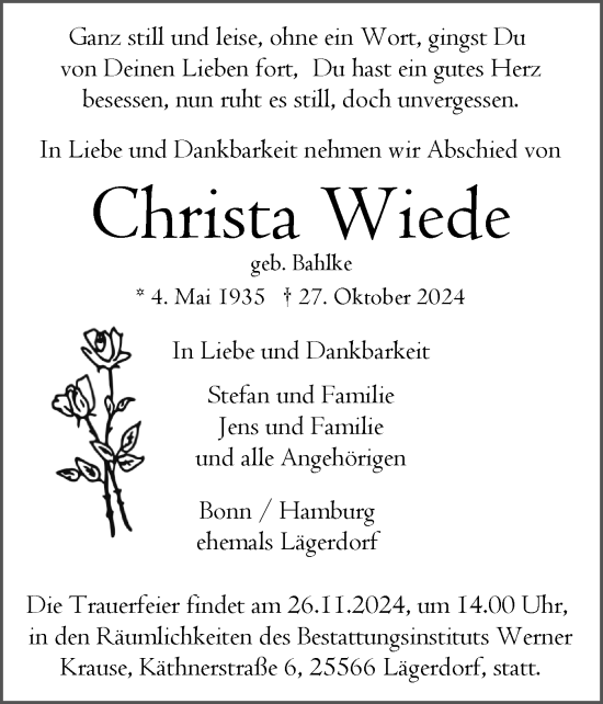 Traueranzeige von Christa Wiede von Norddeutsche Rundschau, Wilstersche Zeitung, Glückstädter Fortuna