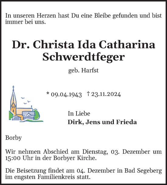 Traueranzeige von Christa Ida CatharChrista Ida Catharina Schwerdtfeger von Eckernförder Zeitung, Hallo Eckernförde