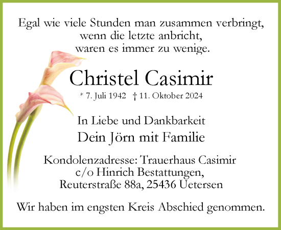 Traueranzeige von Christel Casimir von Uetersener Nachrichten, Der tip am Wochenende