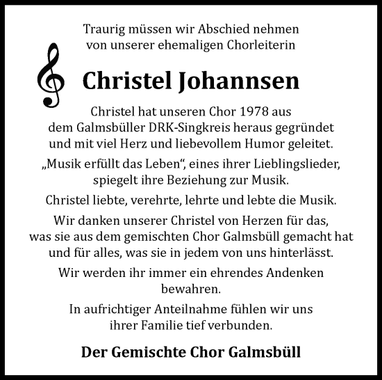 Traueranzeige von Christel Johannsen von Husumer Nachrichten, Nordfriesland Tageblatt