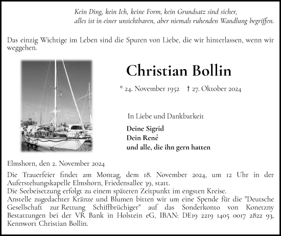 Traueranzeige von Christian Bollin von Elmshorner Nachrichten, Barmstedter Zeitung