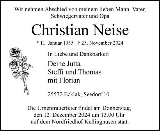 Traueranzeige von Christian Neise von Norddeutsche Rundschau, Wilstersche Zeitung, Glückstädter Fortuna