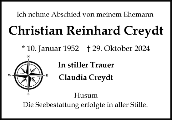 Traueranzeige von Christian Reinhard Creydt von Husumer Nachrichten, Nordfriesland Tageblatt