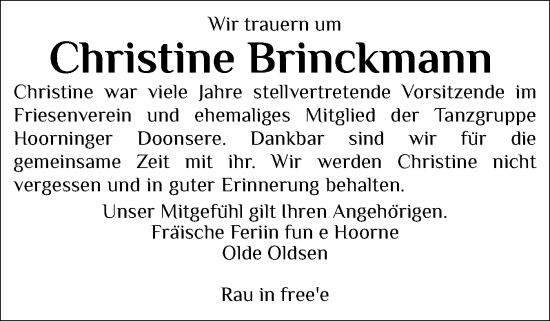 Traueranzeige von Christine Brinckmann von Region Flensburg