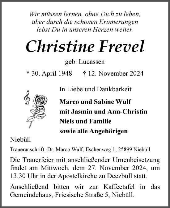 Traueranzeige von Christine Frevel von Husumer Nachrichten, Nordfriesland Tageblatt