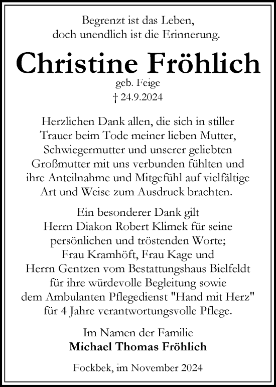 Traueranzeige von Christine Fröhlich von Schleswig-Holsteinische Landeszeitung