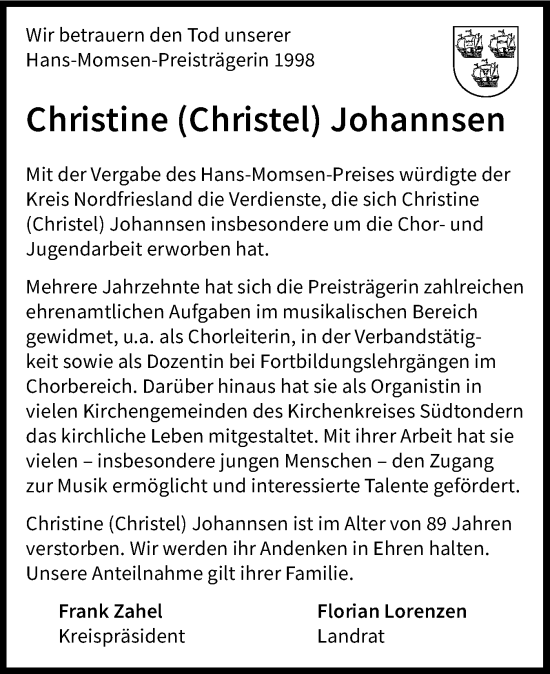 Traueranzeige von Christine Johannsen von Region Westküste