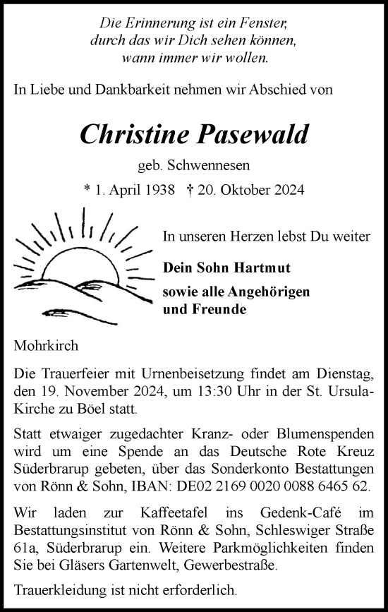 Traueranzeige von Christine Pasewald von Flensburger Tageblatt, Schleswiger Nachrichten, Schlei-Bote