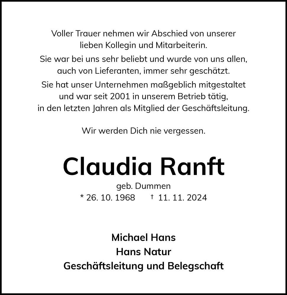  Traueranzeige für Claudia Ranft vom 23.11.2024 aus Flensburger Tageblatt, Schleswiger Nachrichten, Schlei-Bote