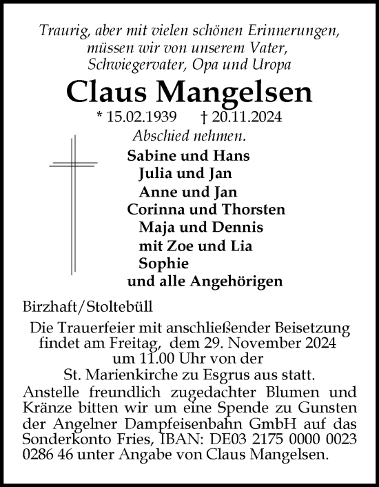 Traueranzeige von Claus Mangelsen von Flensburger Tageblatt, Schleswiger Nachrichten, Schlei-Bote