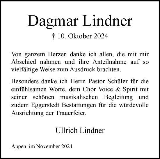 Traueranzeige von Dagmar Lindner von Region Pinneberg und tip Pinneberg