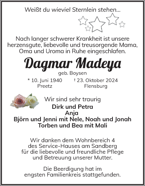 Traueranzeige von Dagmar Madeya von Flensburger Tageblatt