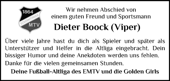 Traueranzeige von Dieter Boock von Eckernförder Zeitung, Hallo Eckernförde