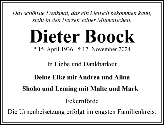 Traueranzeige von Dieter Boock von Eckernförder Zeitung, Hallo Eckernförde