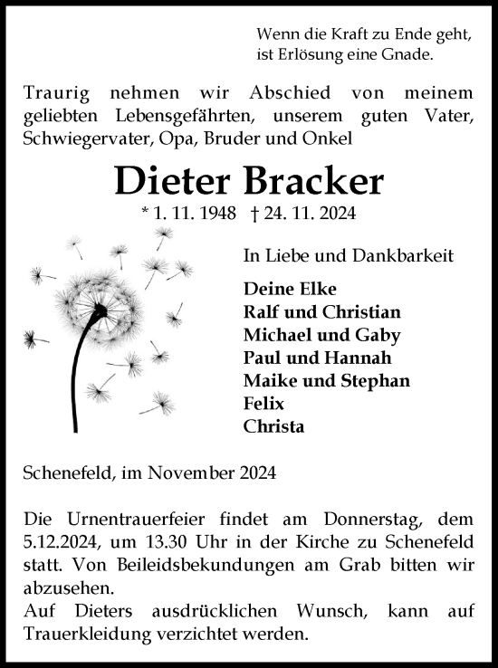 Traueranzeige von Dieter Bracker von Norddeutsche Rundschau, Wilstersche Zeitung, Glückstädter Fortuna