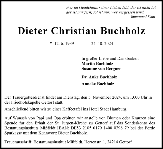 Traueranzeige von Dieter Christian Buchholz von Eckernförder Zeitung, Hallo Eckernförde