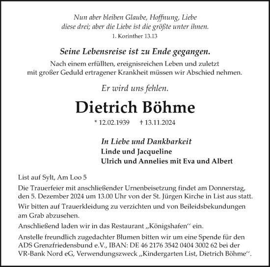 Traueranzeige von Dietrich Böhme von Sylter Rundschau