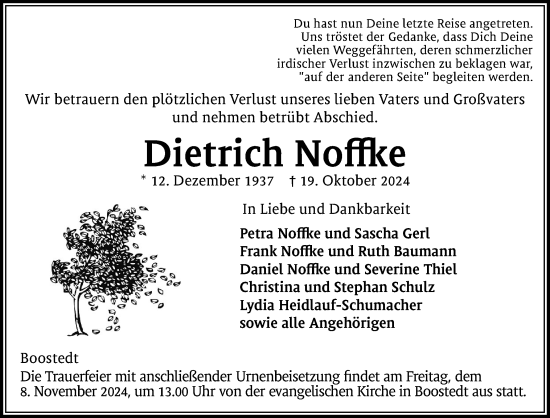 Traueranzeige von Dietrich Noffke von Holsteinischer Courier