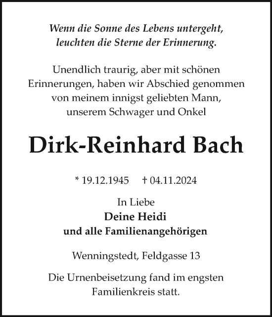 Traueranzeige von Dirk-Reinhard Bach von Sylter Rundschau