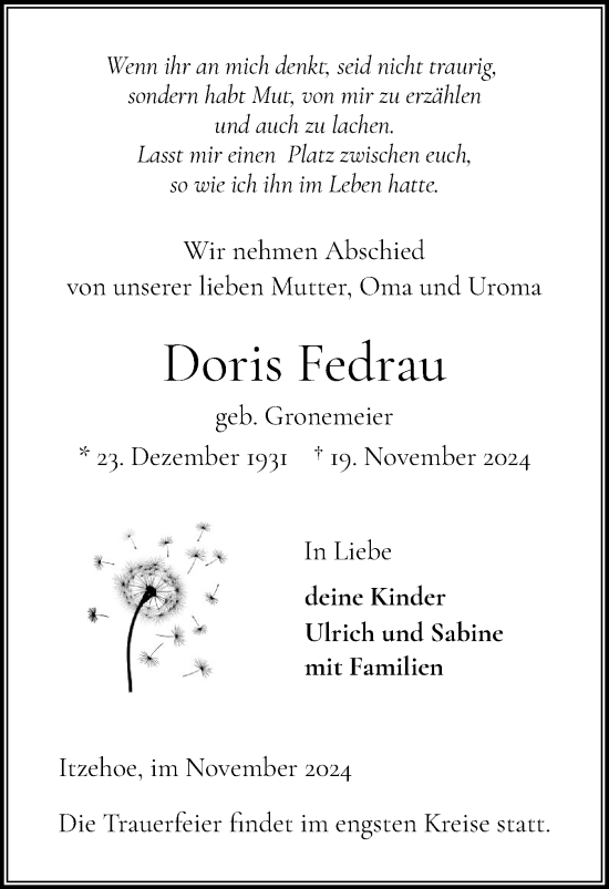 Traueranzeige von Doris Fedrau von Norddeutsche Rundschau, Wilstersche Zeitung, Glückstädter Fortuna