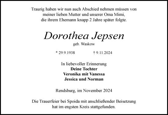 Traueranzeige von Dorothea Jepsen von Schleswig-Holsteinische Landeszeitung