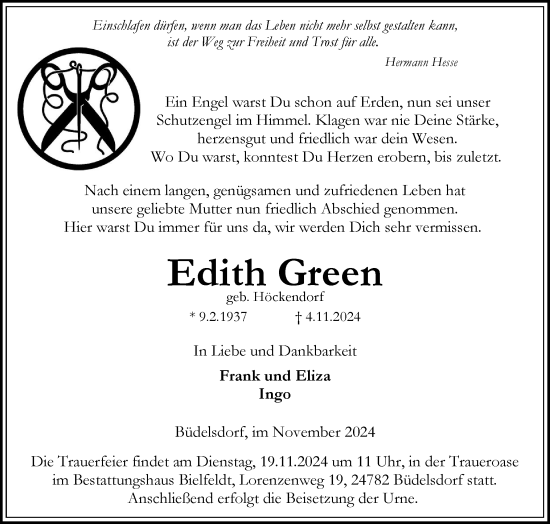 Traueranzeige von Edith Green von Norddeutsche Rundschau, Wilstersche Zeitung, Glückstädter Fortuna