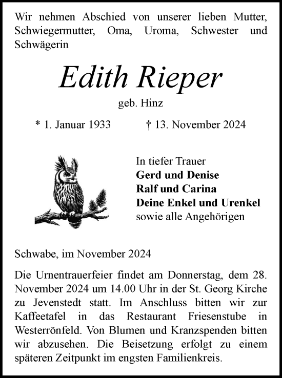 Traueranzeige von Edith Rieper von Schleswig-Holsteinische Landeszeitung